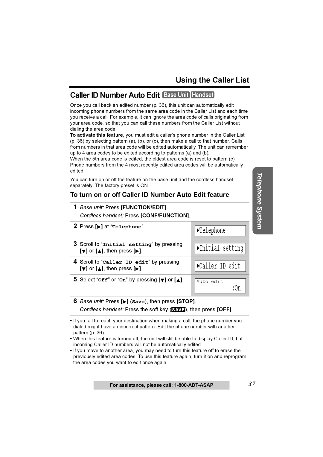 Panasonic KX-TG2970 operating instructions To turn on or off Caller ID Number Auto Edit feature, Caller ID edit 