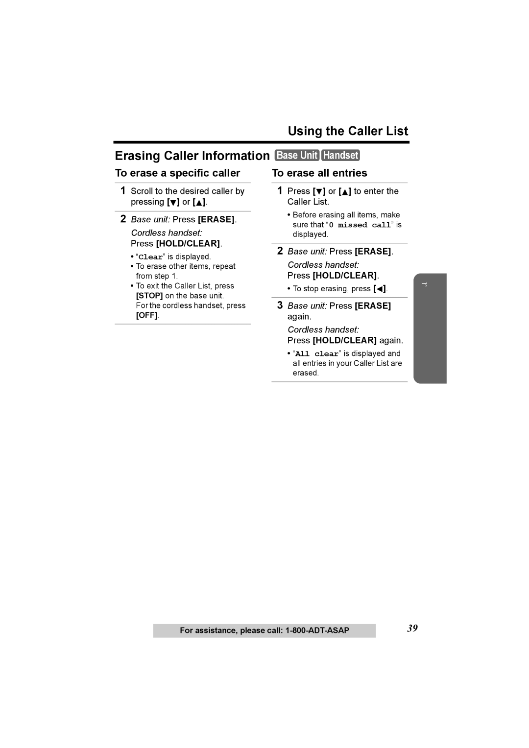 Panasonic KX-TG2970 operating instructions To erase a specific caller To erase all entries, Again, Off 