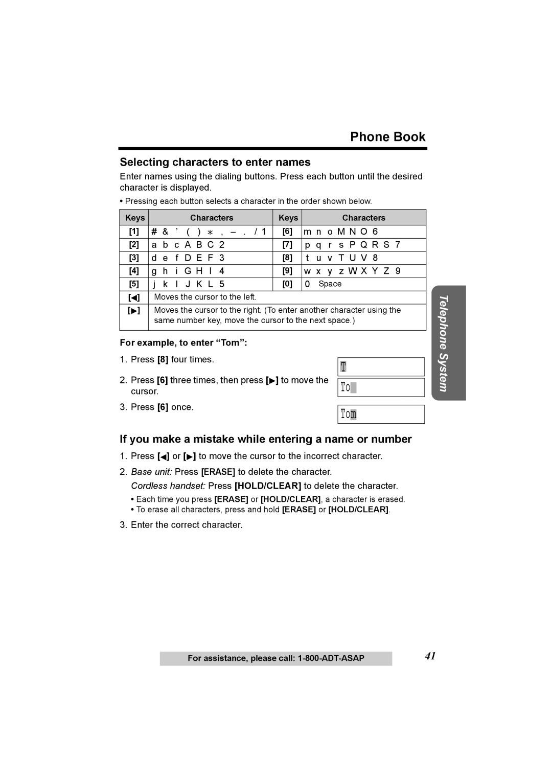 Panasonic KX-TG2970 Phone Book, Selecting characters to enter names, If you make a mistake while entering a name or number 