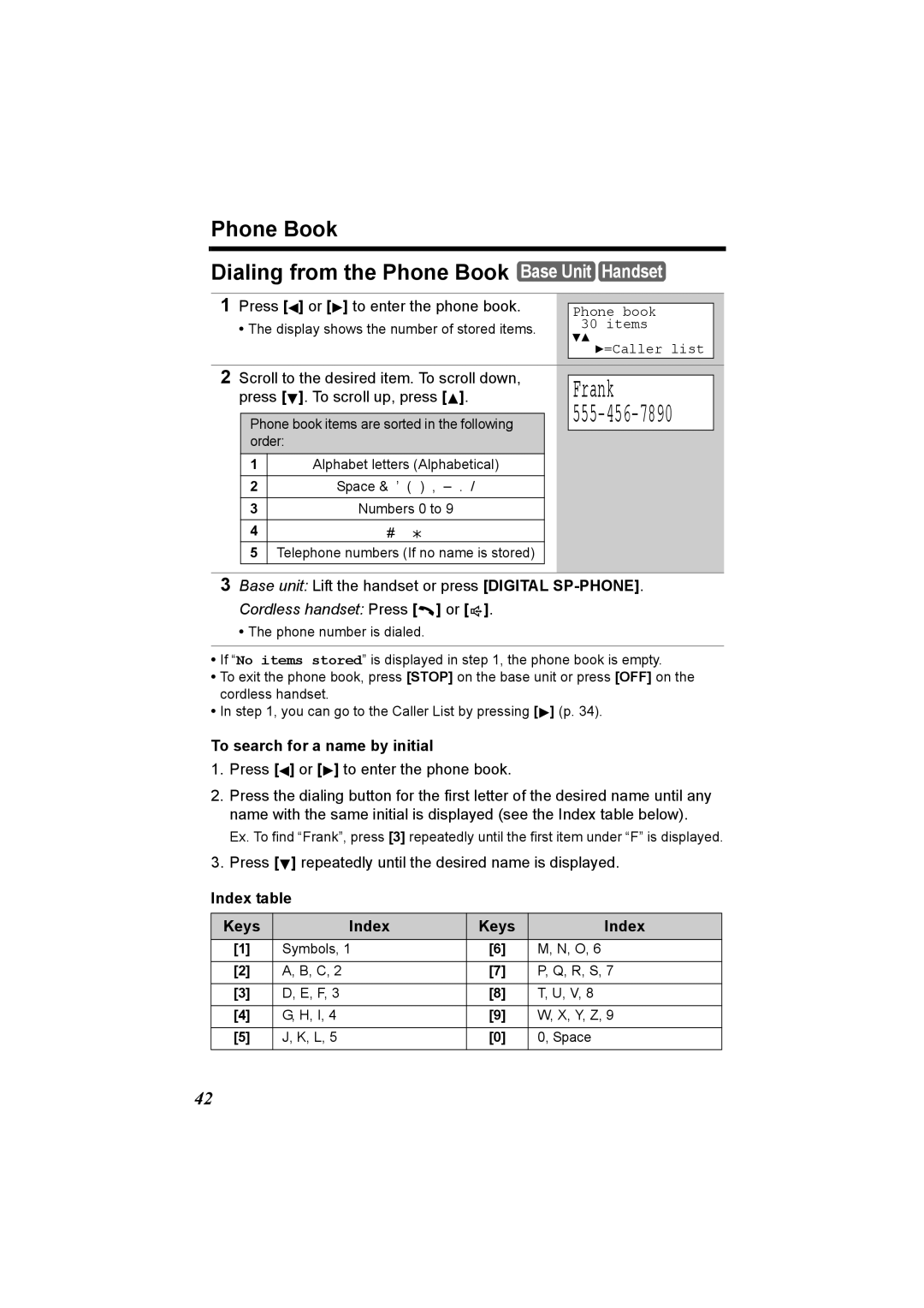 Panasonic KX-TG2970 Frank, Phone Book Dialing from the Phone Book Base Unit Handset, To search for a name by initial 