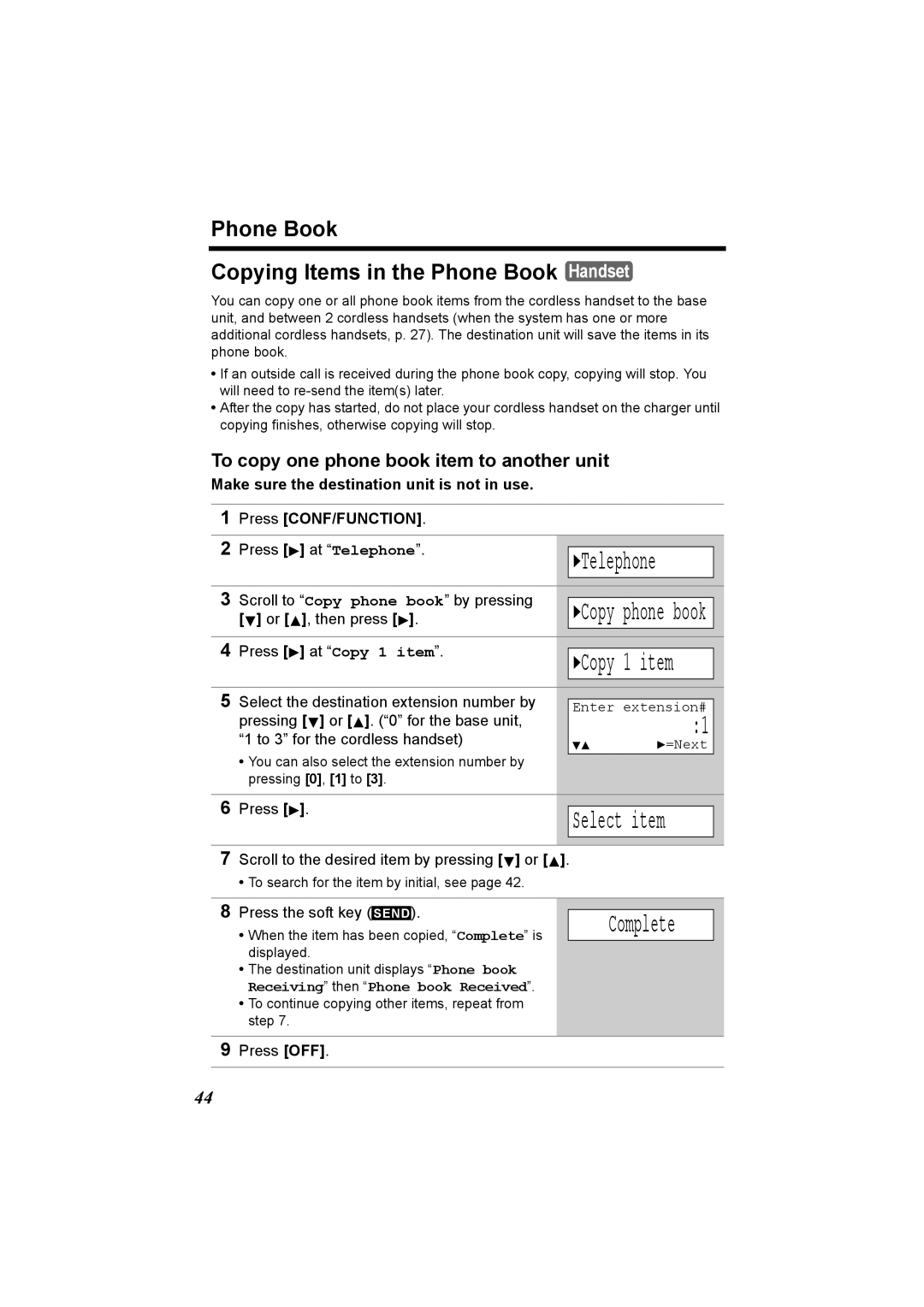 Panasonic KX-TG2970 operating instructions Complete, Phone Book Copying Items in the Phone Book Handset 