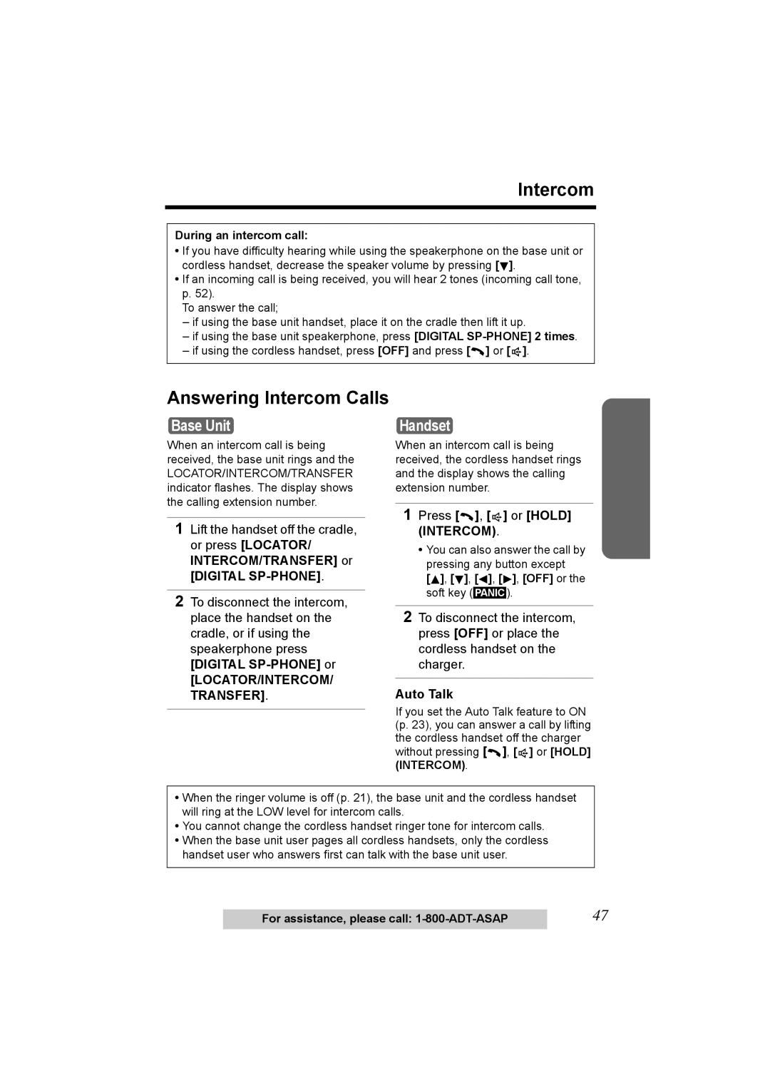 Panasonic KX-TG2970 operating instructions Answering Intercom Calls, Press , or Hold Intercom, During an intercom call 