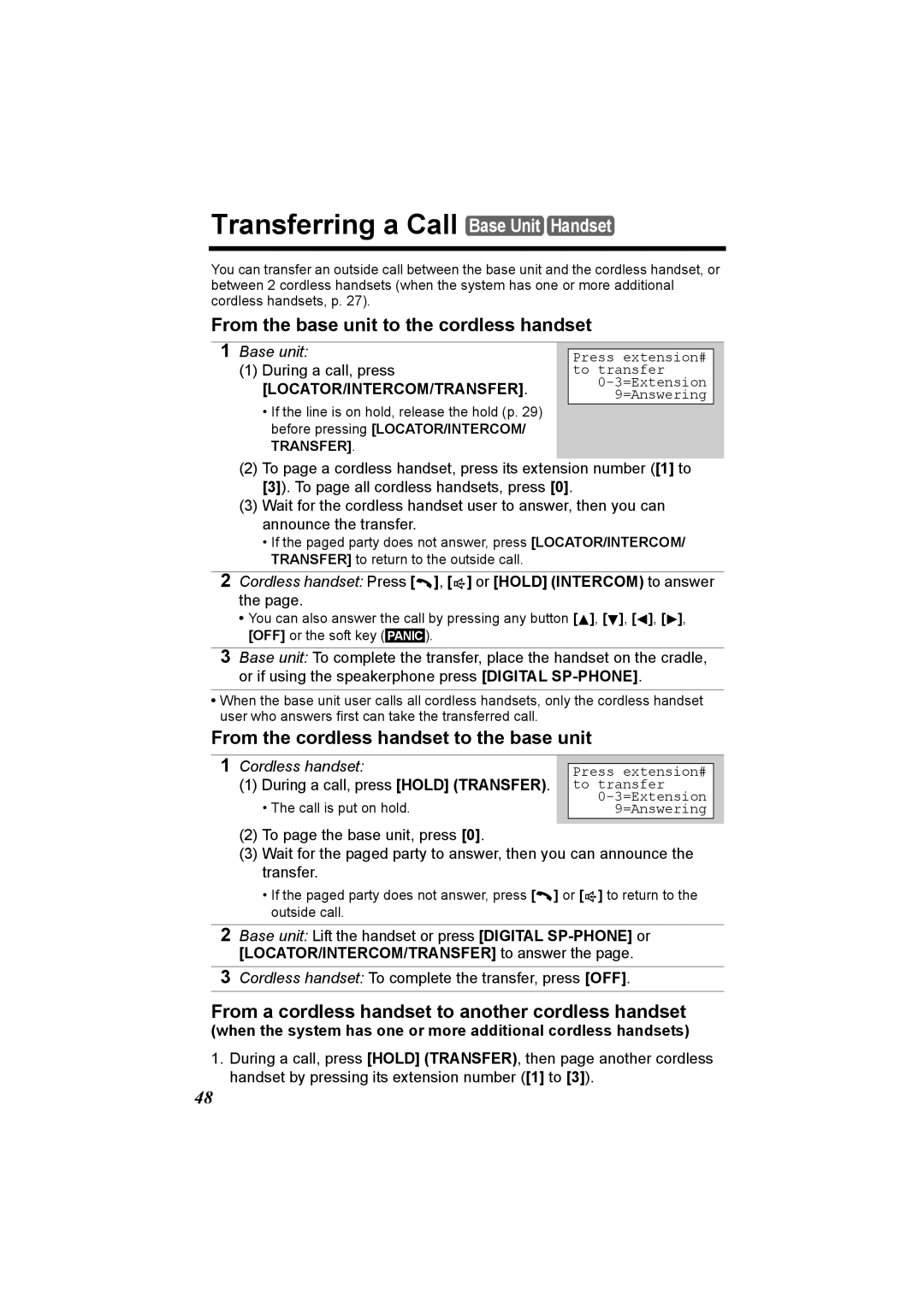 Panasonic KX-TG2970 Transferring a Call Base Unit Handset, From the base unit to the cordless handset 