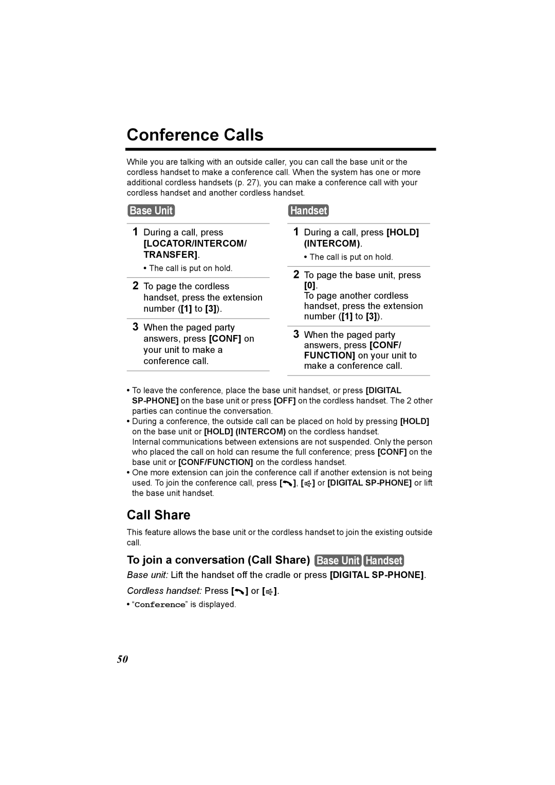 Panasonic KX-TG2970 operating instructions Conference Calls, To join a conversation Call Share Base Unit Handset 