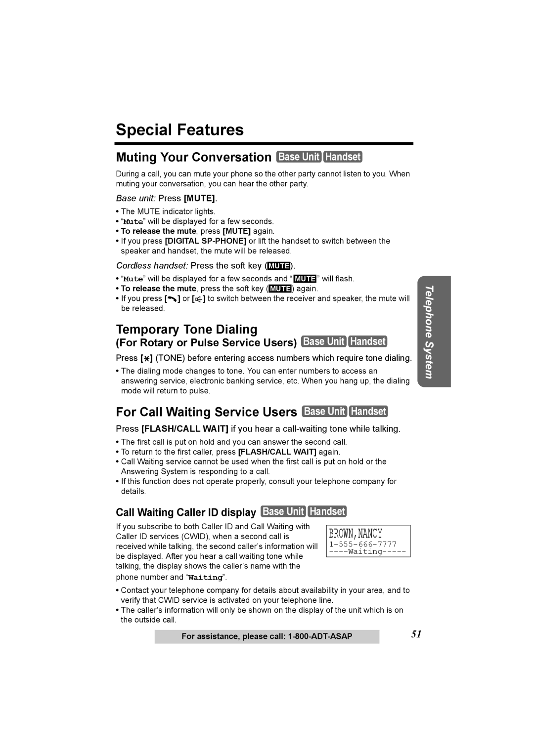 Panasonic KX-TG2970 Special Features, Muting Your Conversation Base Unit Handset, Temporary Tone Dialing 