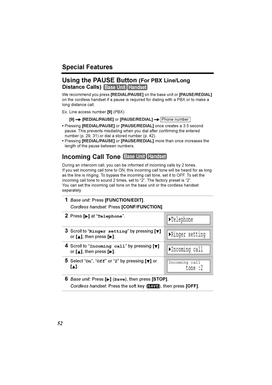 Panasonic KX-TG2970 operating instructions Special Features, Incoming Call Tone Base Unit Handset, Incoming call 