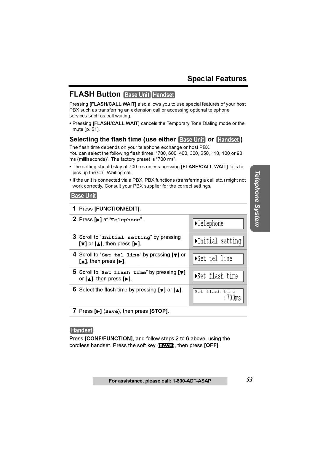 Panasonic KX-TG2970 operating instructions Selecting the flash time use either Base Unit or Handset, Set flash time, 700ms 