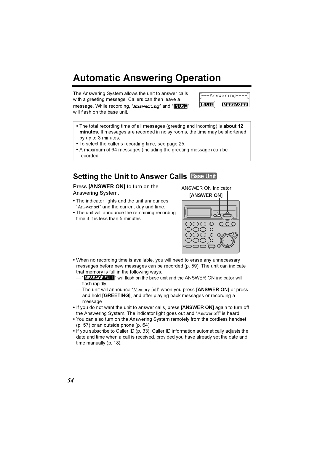 Panasonic KX-TG2970 operating instructions Automatic Answering Operation, Setting the Unit to Answer Calls Base Unit 