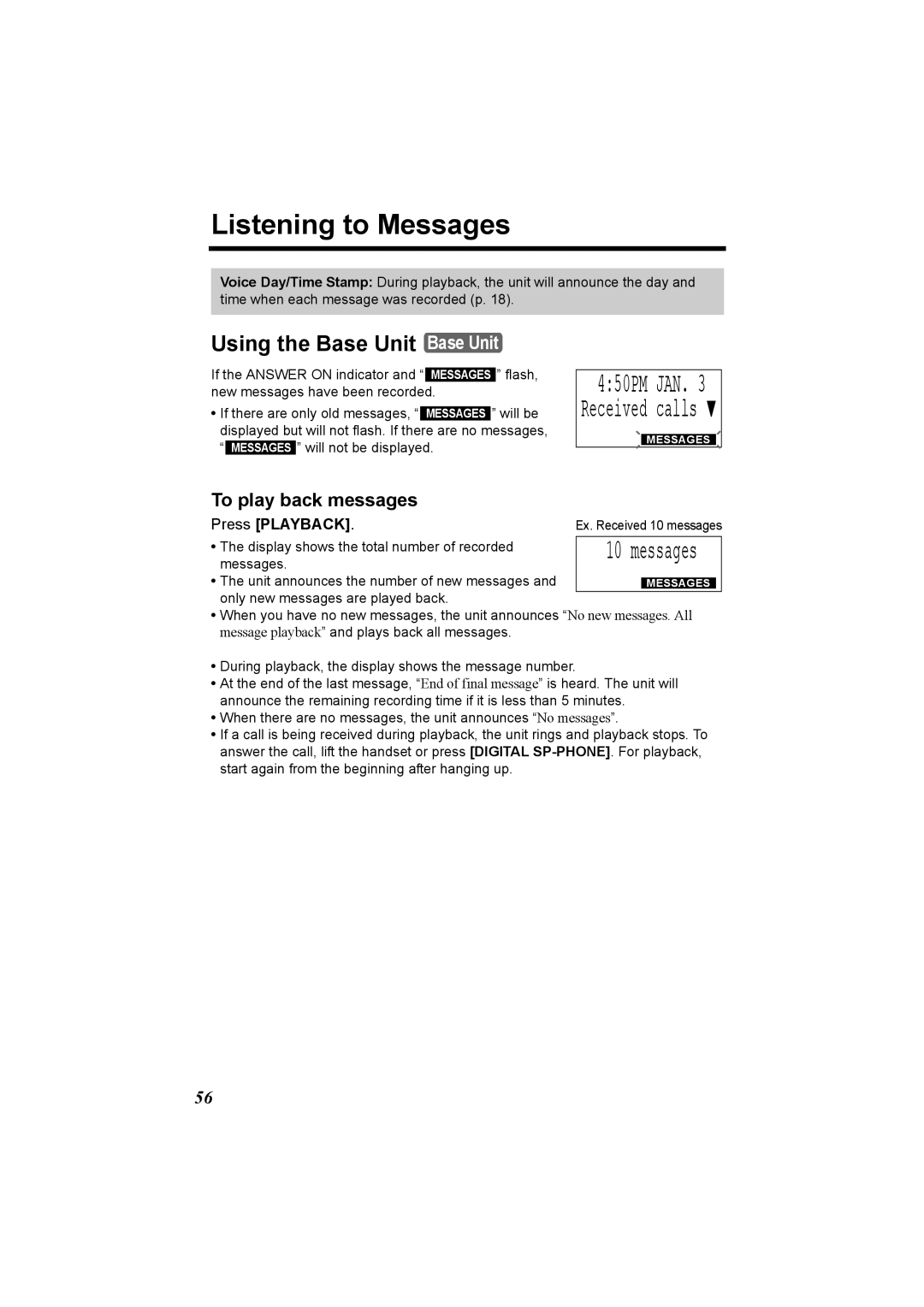 Panasonic KX-TG2970 operating instructions Listening to Messages, To play back messages, Press Playback 