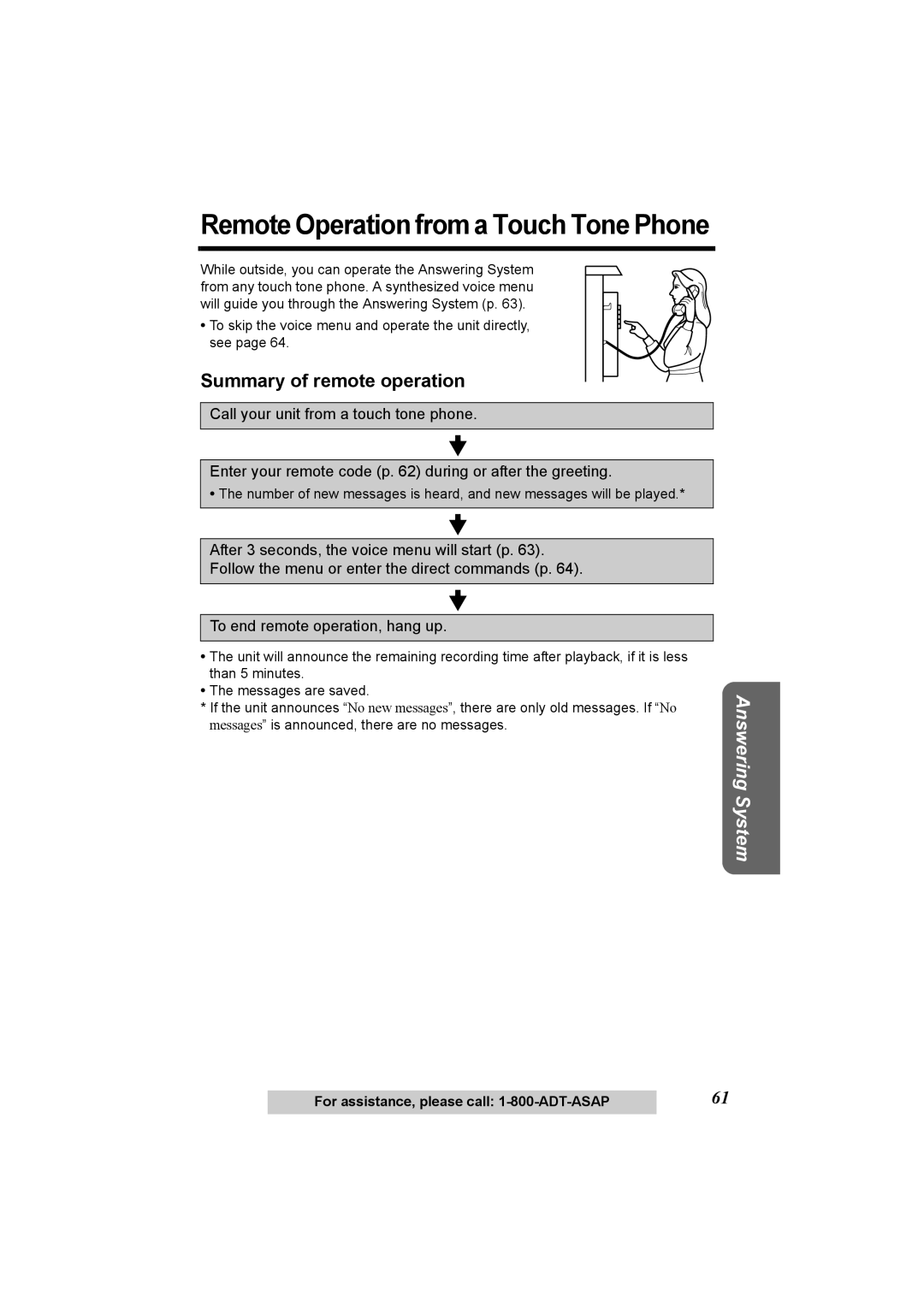 Panasonic KX-TG2970 operating instructions Remote Operation from a Touch Tone Phone, Summary of remote operation 