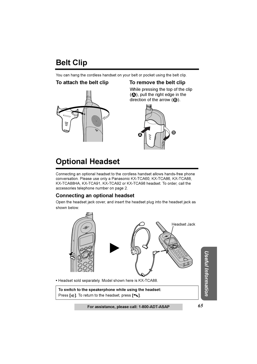 Panasonic KX-TG2970 operating instructions Belt Clip, Optional Headset, To attach the belt clip To remove the belt clip 