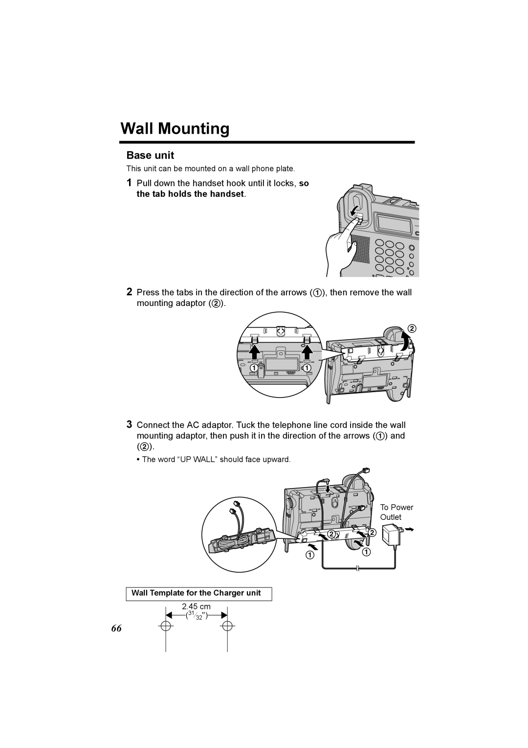 Panasonic KX-TG2970 Wall Mounting, Pull down the handset hook until it locks, so, Tab holds the handset 