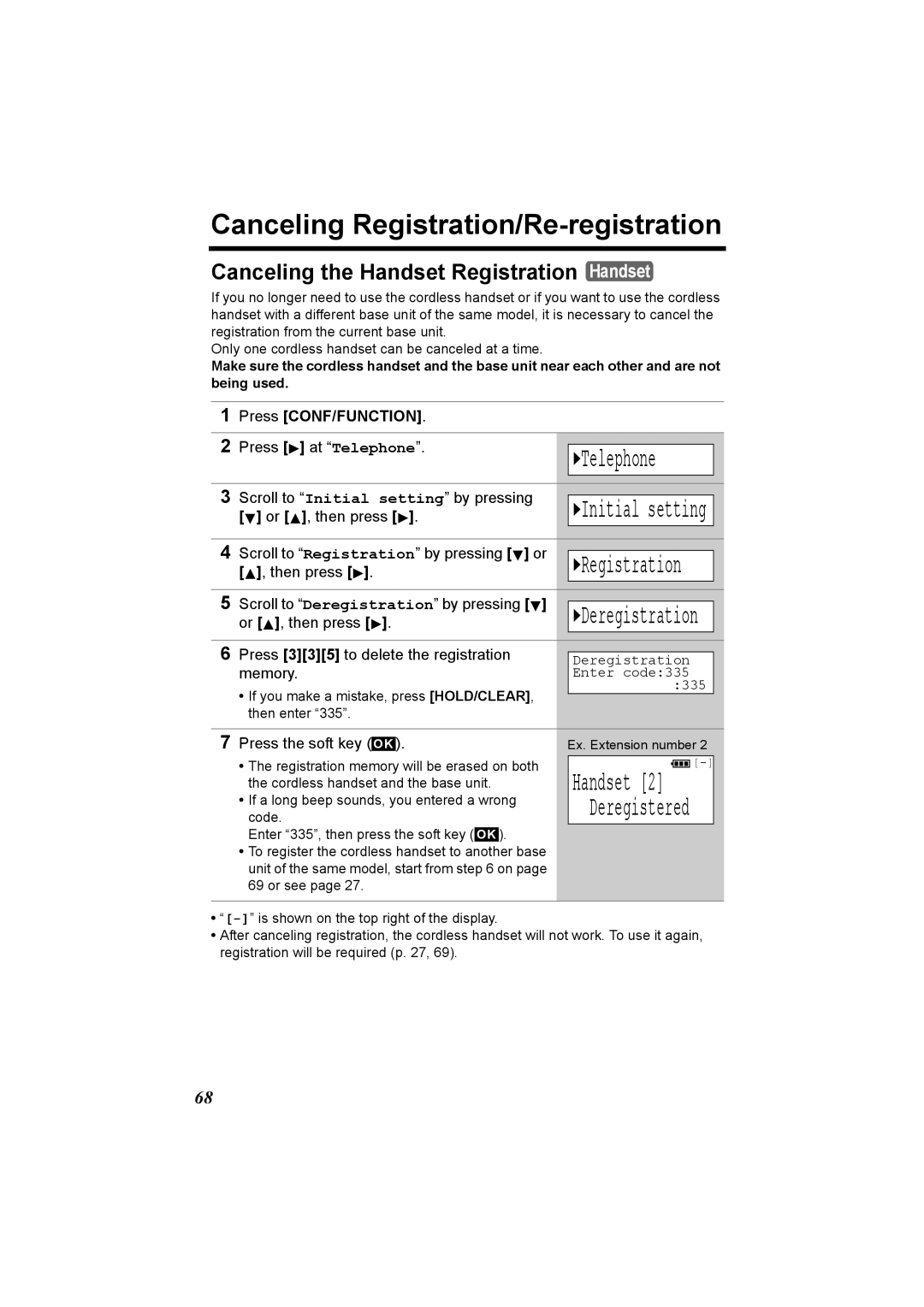 Panasonic KX-TG2970 Canceling Registration/Re-registration, Canceling the Handset Registration Handset, Deregistration 