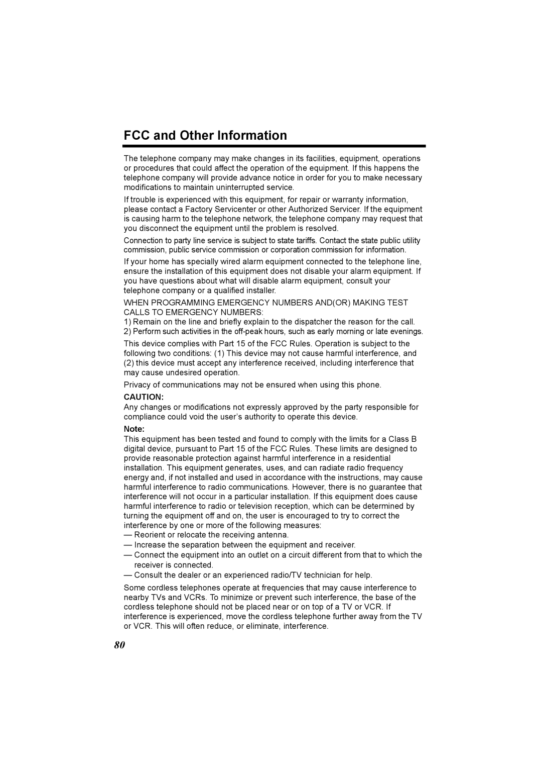 Panasonic KX-TG2970 operating instructions FCC and Other Information 