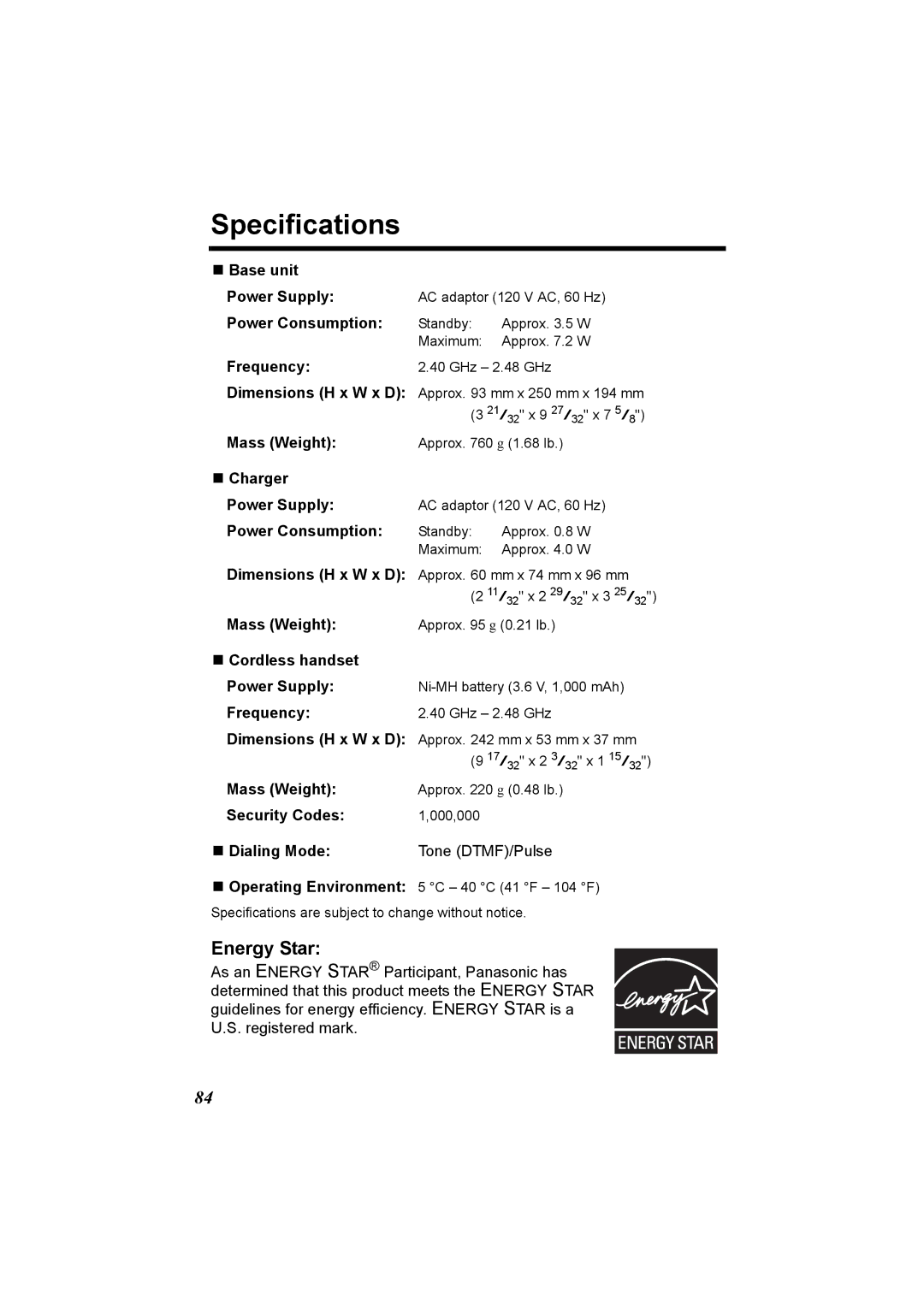 Panasonic KX-TG2970 operating instructions Specifications, Energy Star 