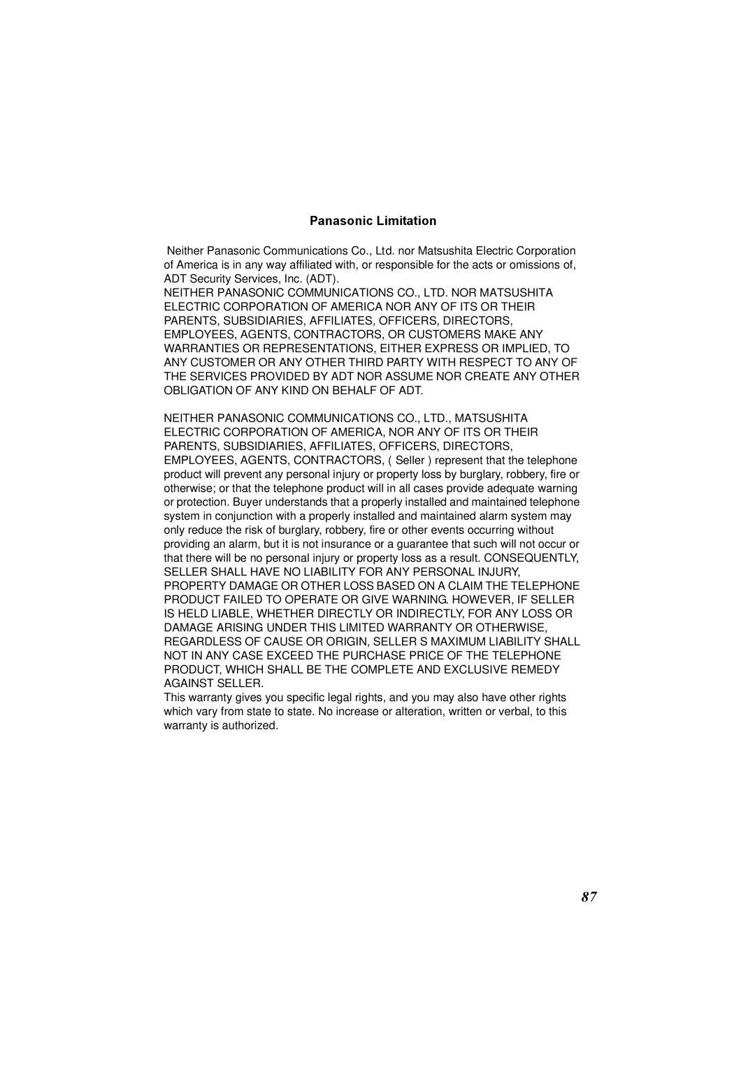 Panasonic KX-TG2970 operating instructions Panasonic Limitation 