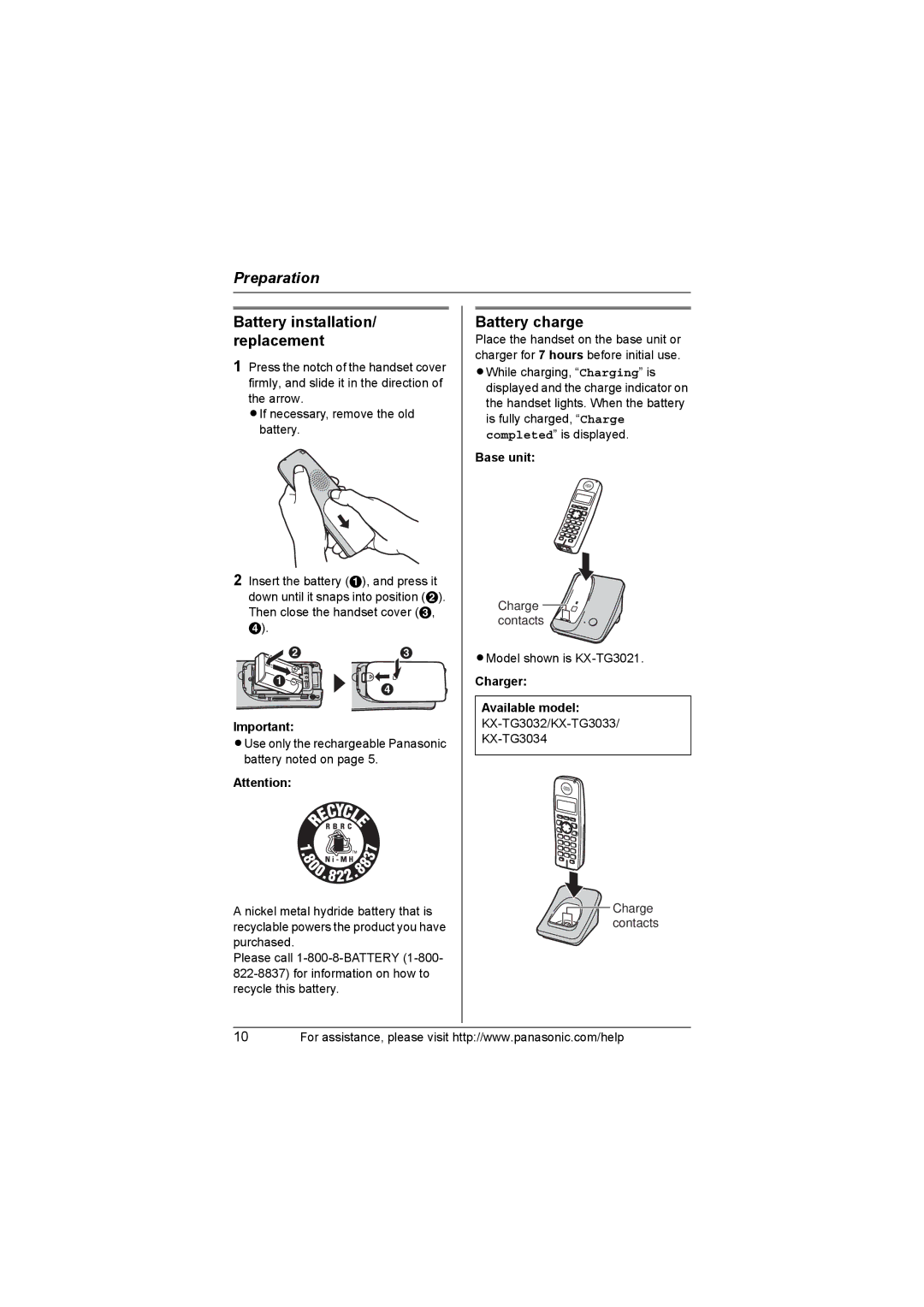 Panasonic KX-TG3021, KX-TG3031 Battery installation/ replacement, Battery charge, Base unit, Charger Available model 