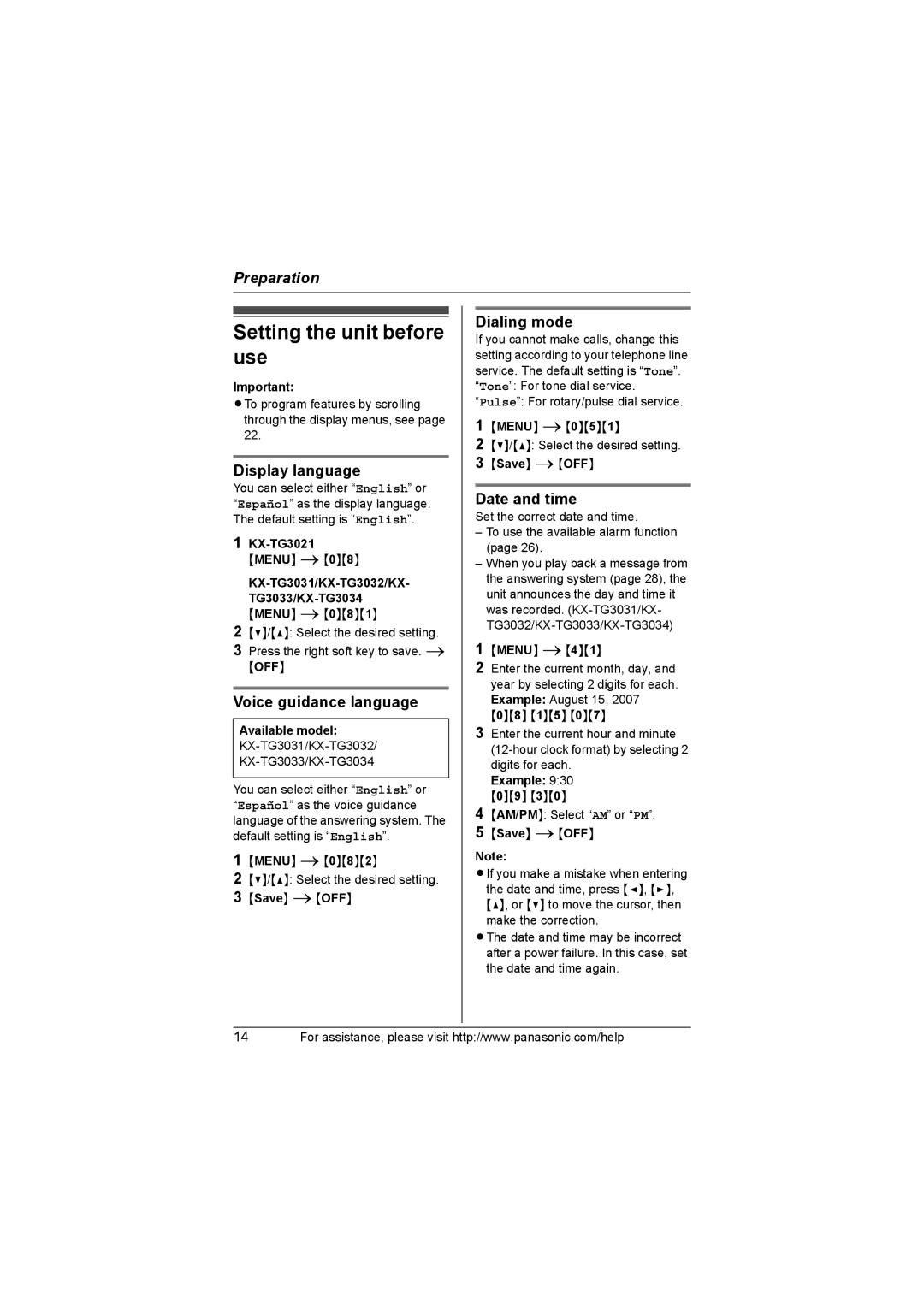 Panasonic KX-TG3034 Setting the unit before use, Display language, Voice guidance language, Dialing mode, Date and time 