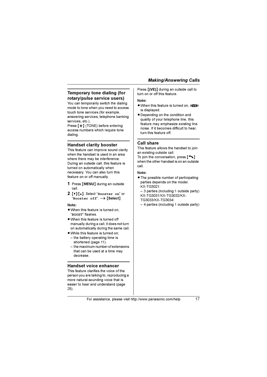 Panasonic KX-TG3032 Temporary tone dialing for rotary/pulse service users, Handset clarity booster, Handset voice enhancer 