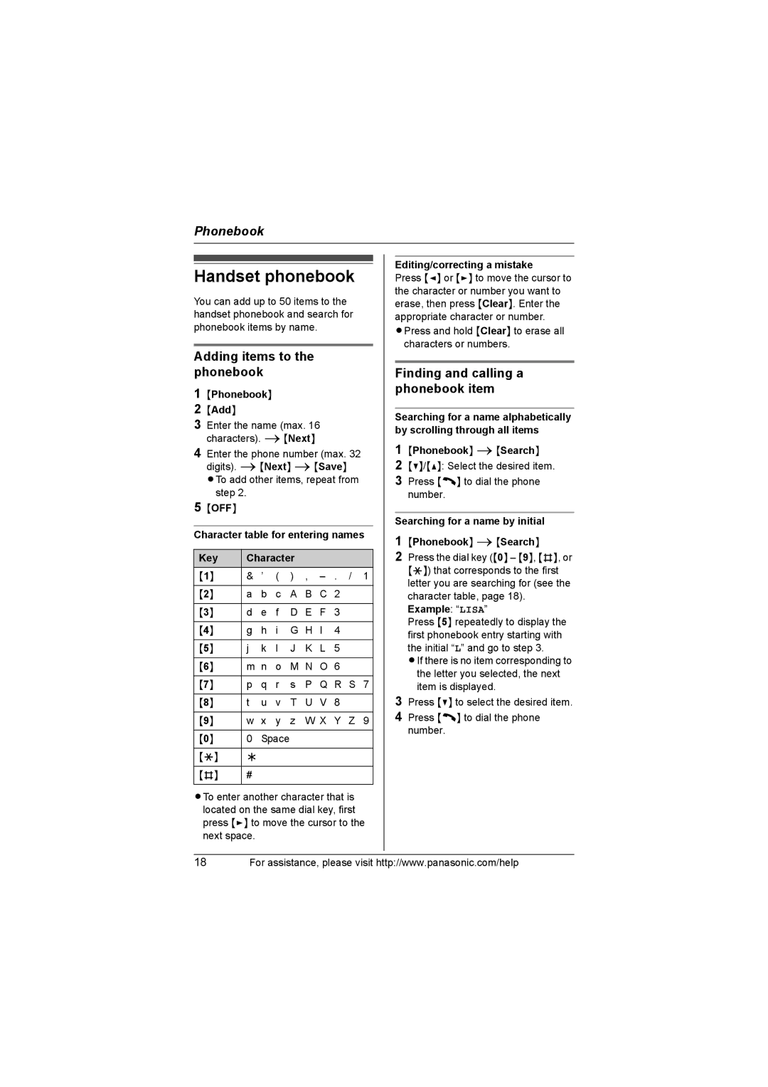 Panasonic KX-TG3033, KX-TG3021 Handset phonebook, Adding items to the phonebook, Finding and calling a phonebook item 