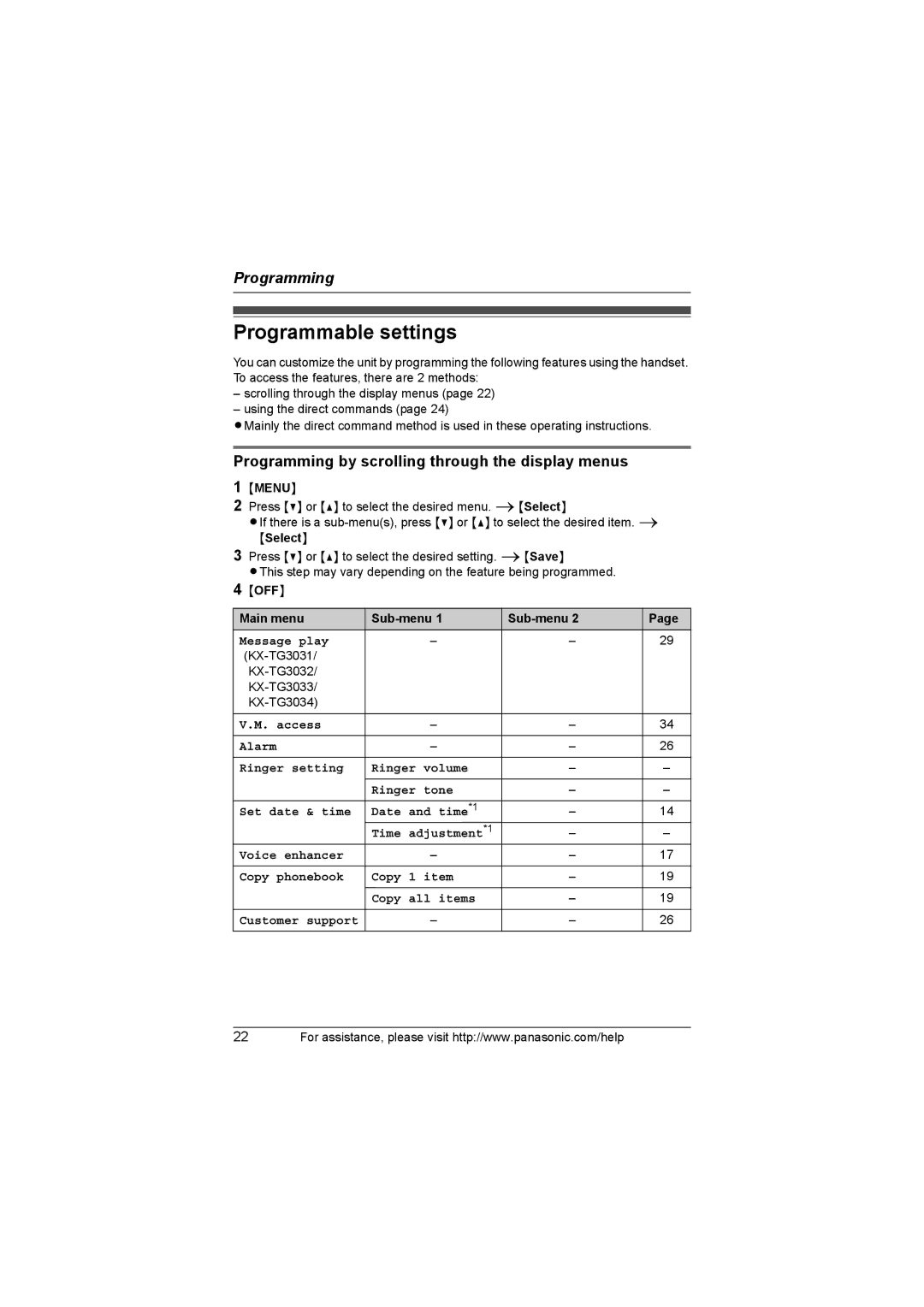 Panasonic KX-TG3032, KX-TG3021, KX-TG3031 Programmable settings, Programming by scrolling through the display menus, Menu 