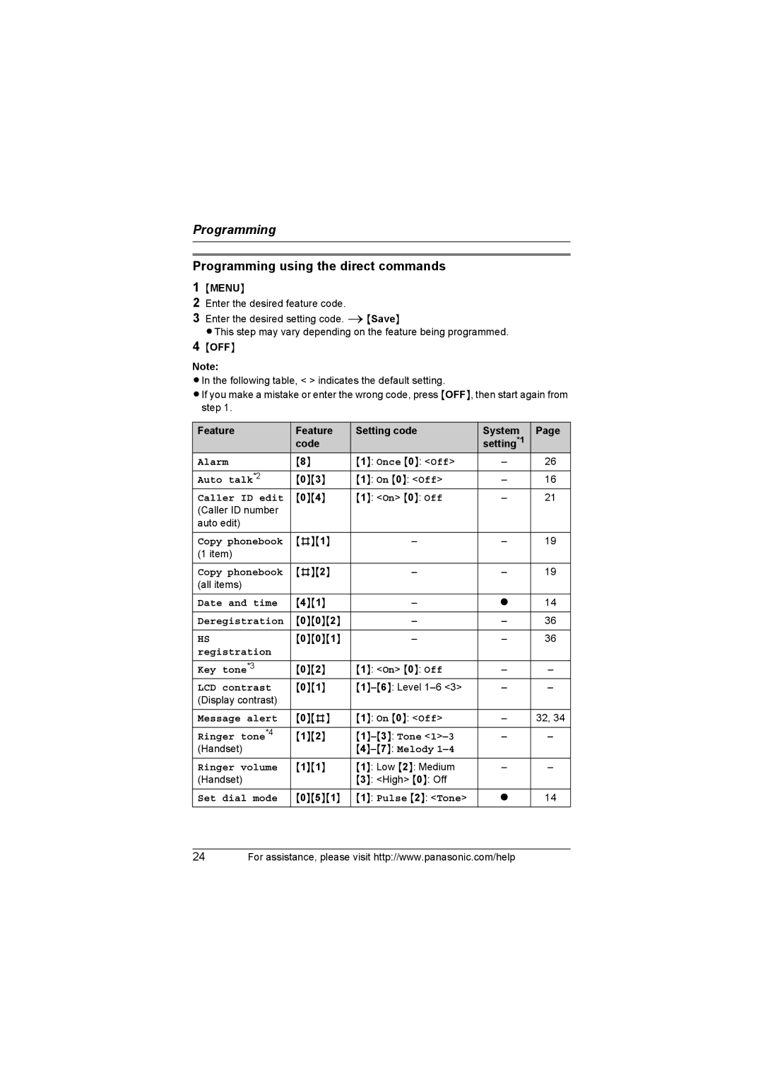 Panasonic KX-TG3034, KX-TG3021, KX-TG3031, KX-TG3032 Programming using the direct commands, Feature Setting code System Code 