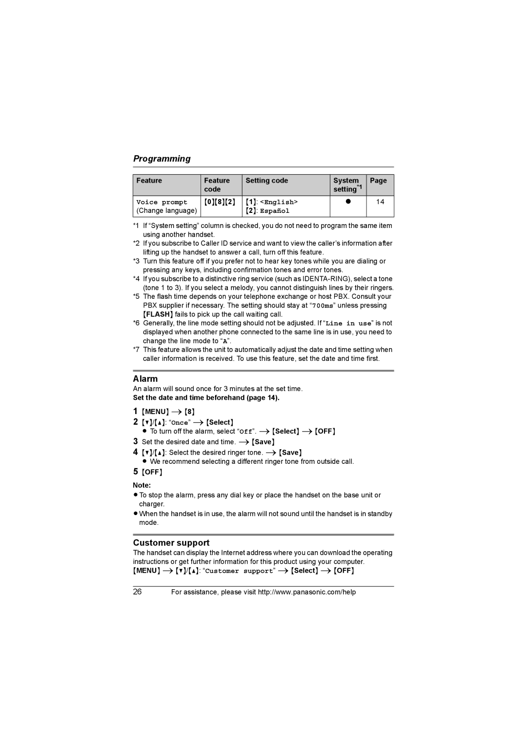 Panasonic KX-TG3031, KX-TG3021, KX-TG3032 Alarm, Customer support, 082, Change language, Set the date and time beforehand 