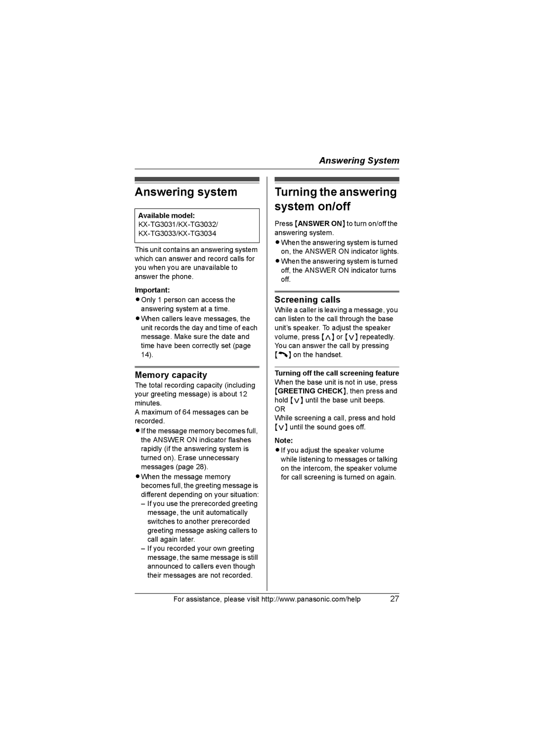 Panasonic KX-TG3032, KX-TG3021 Answering system, Turning the answering system on/off, Memory capacity, Screening calls 