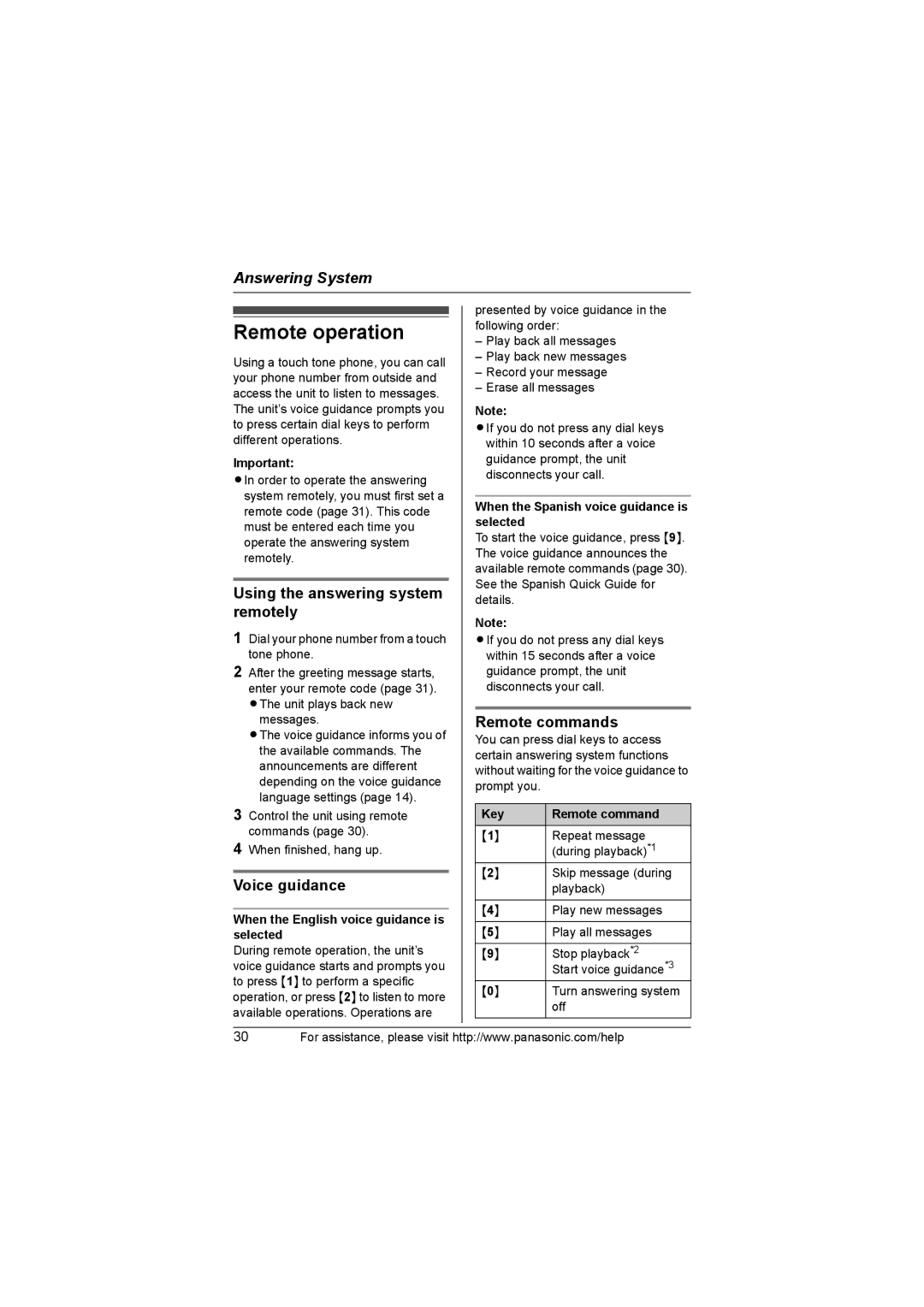Panasonic KX-TG3021, KX-TG3031 Remote operation, Using the answering system remotely, Voice guidance, Remote commands 