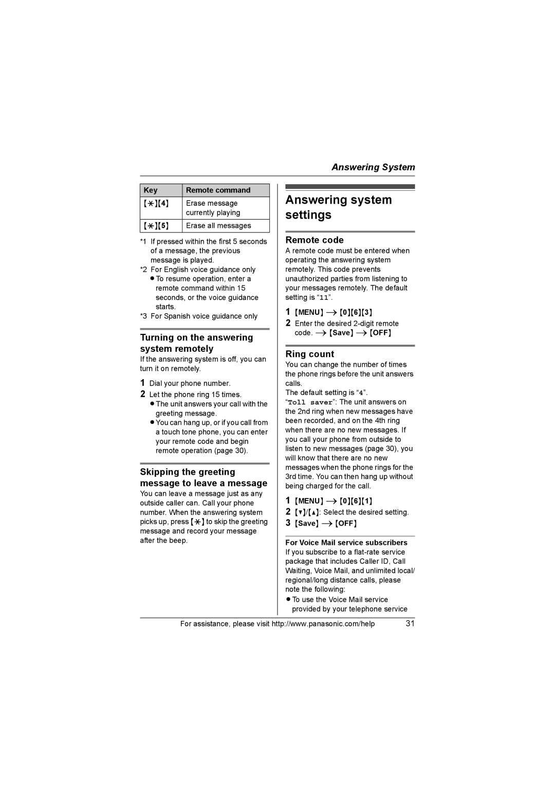 Panasonic KX-TG3031 Answering system settings, Turning on the answering system remotely, Remote code, Ring count 