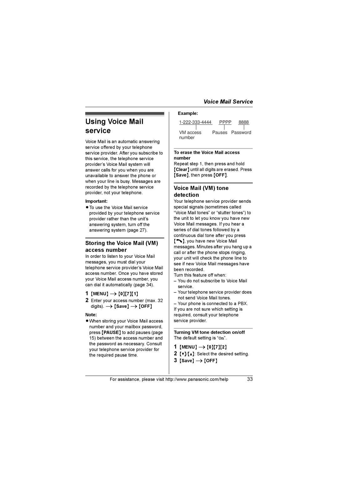 Panasonic KX-TG3033 Using Voice Mail service, Storing the Voice Mail VM access number, Voice Mail VM tone detection 