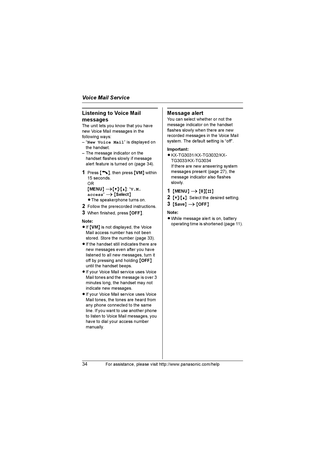 Panasonic KX-TG3034, KX-TG3021, KX-TG3031, KX-TG3032, KX-TG3033 operating instructions Listening to Voice Mail messages 