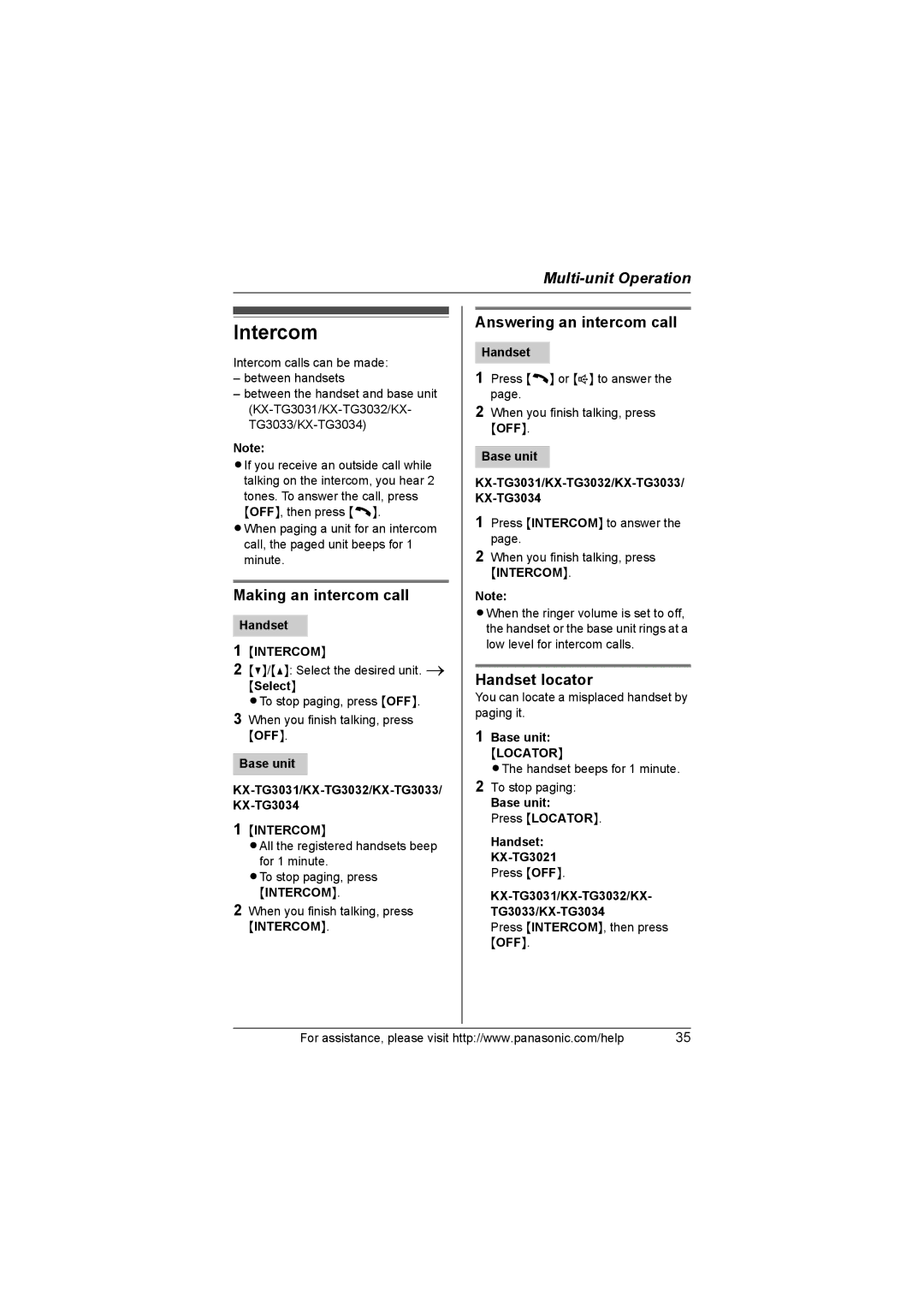 Panasonic KX-TG3021, KX-TG3031, KX-TG3032 Intercom, Making an intercom call, Answering an intercom call, Handset locator 