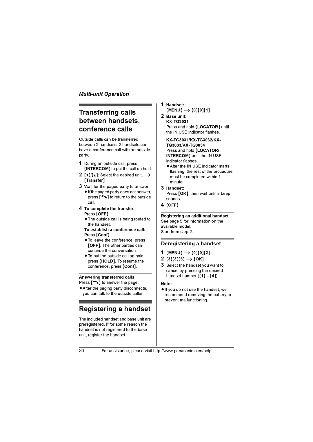 Panasonic KX-TG3031 Transferring calls between handsets, conference calls, Registering a handset, Deregistering a handset 