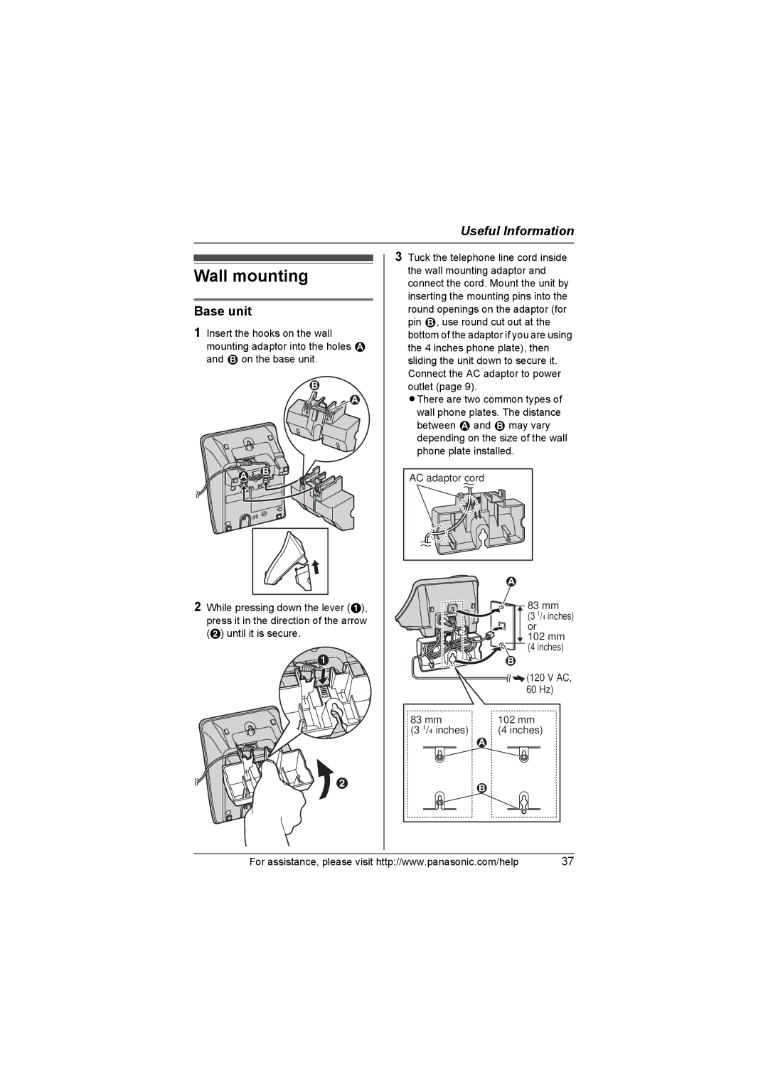 Panasonic KX-TG3032, KX-TG3021, KX-TG3031, KX-TG3033, KX-TG3034 operating instructions Wall mounting, Base unit 