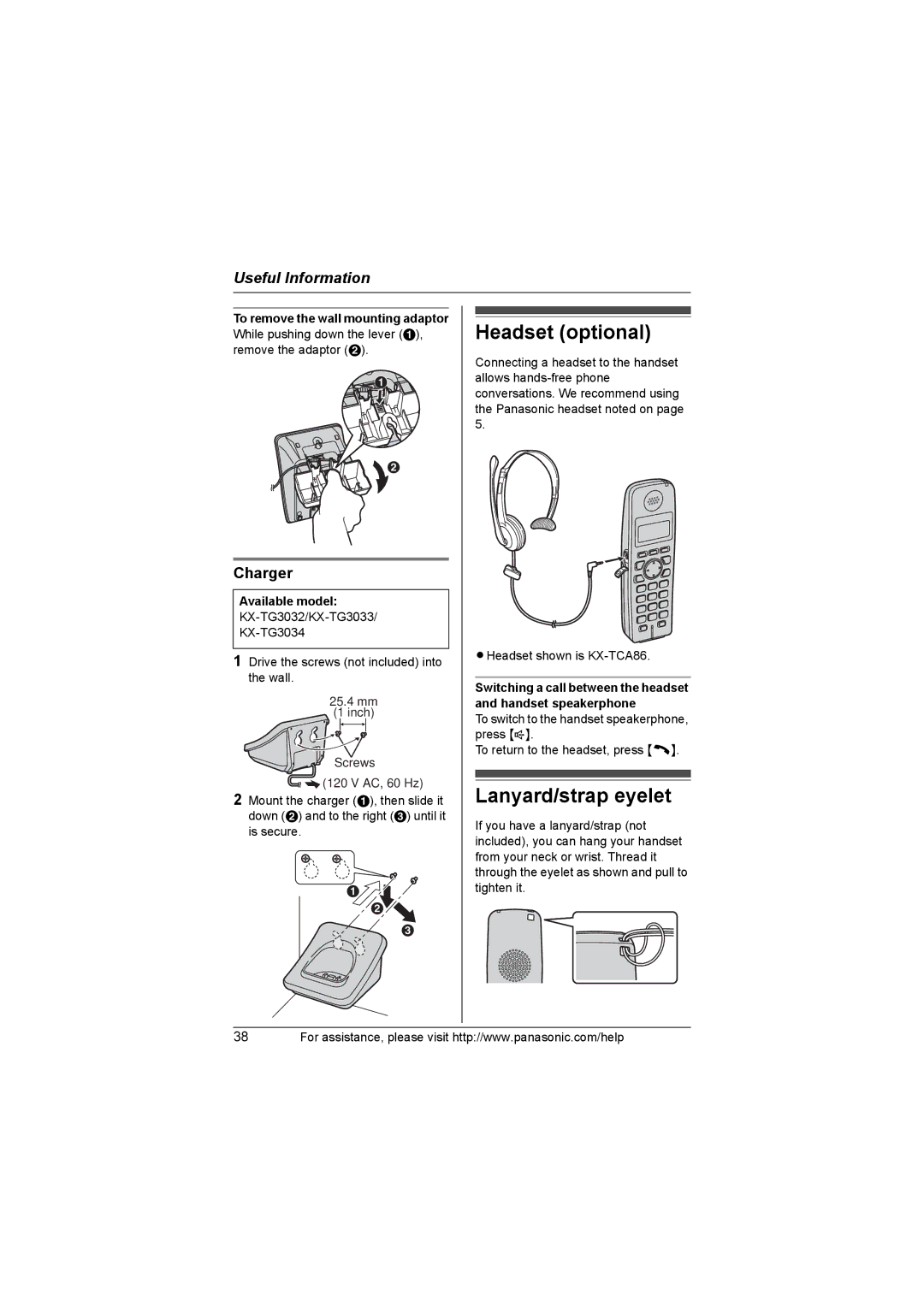 Panasonic KX-TG3033, KX-TG3021, KX-TG3031, KX-TG3032, KX-TG3034 Headset optional, Lanyard/strap eyelet, Charger 