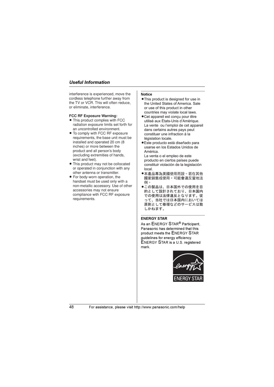 Panasonic KX-TG3033, KX-TG3021, KX-TG3031, KX-TG3032, KX-TG3034 operating instructions FCC RF Exposure Warning, Energy Star 