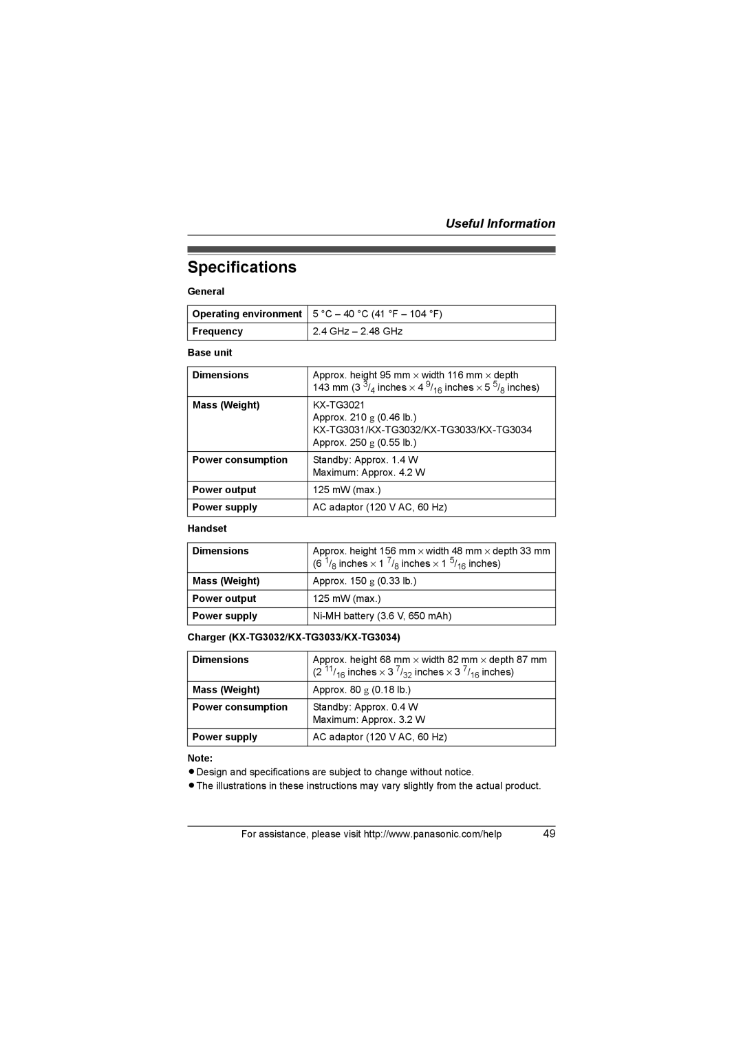 Panasonic KX-TG3034, KX-TG3021, KX-TG3031, KX-TG3032, KX-TG3033 operating instructions Specifications 