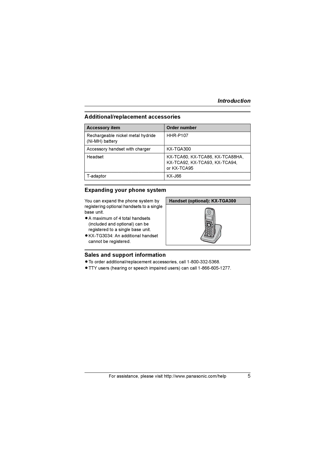 Panasonic KX-TG3021 Additional/replacement accessories, Expanding your phone system, Sales and support information 