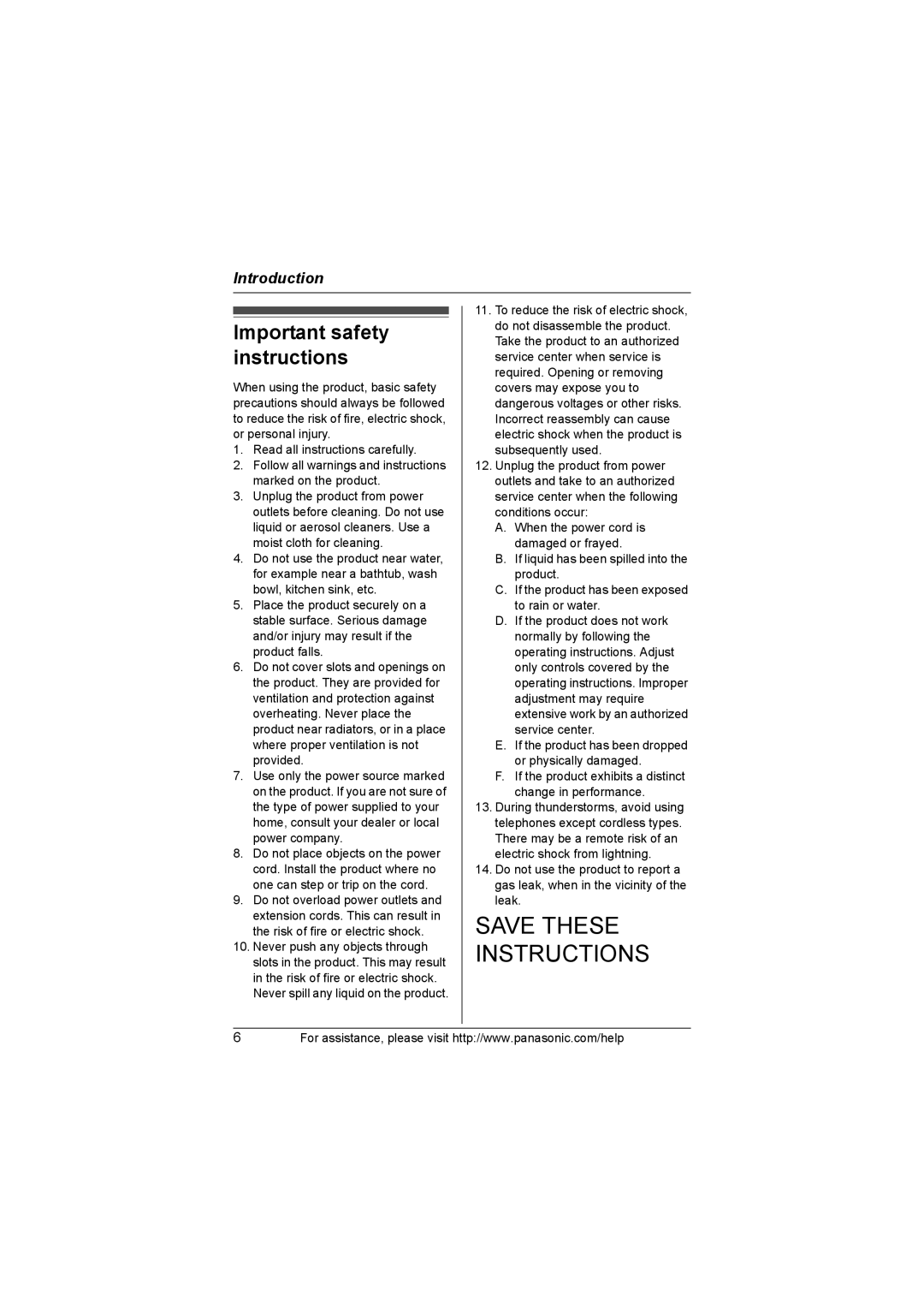 Panasonic KX-TG3031, KX-TG3021, KX-TG3032, KX-TG3033, KX-TG3034 operating instructions Important safety instructions 