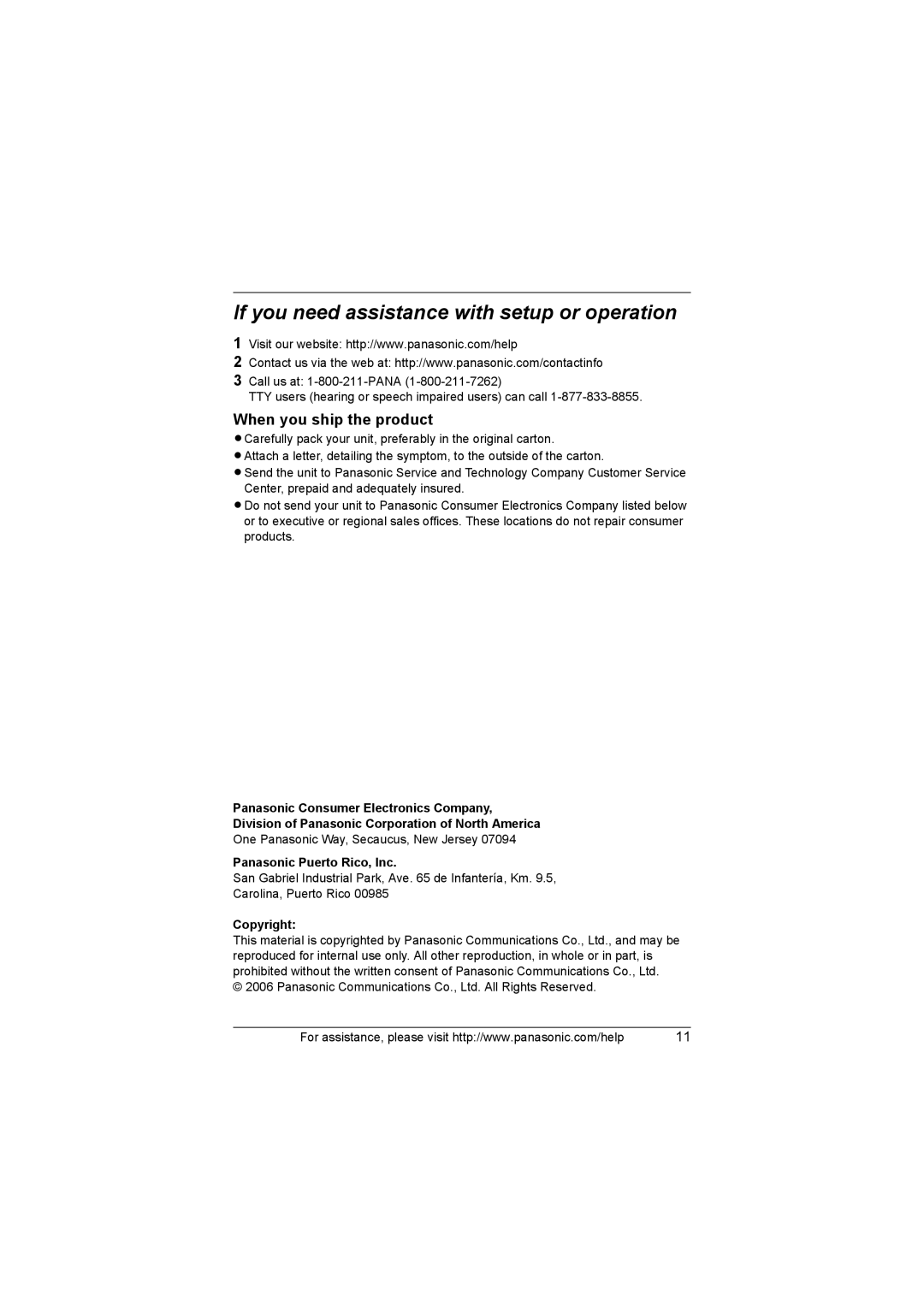 Panasonic KX-TG3031, KX-TG3021, KX-TG3032, KX-TG3033 When you ship the product, Panasonic Puerto Rico, Inc, Copyright 