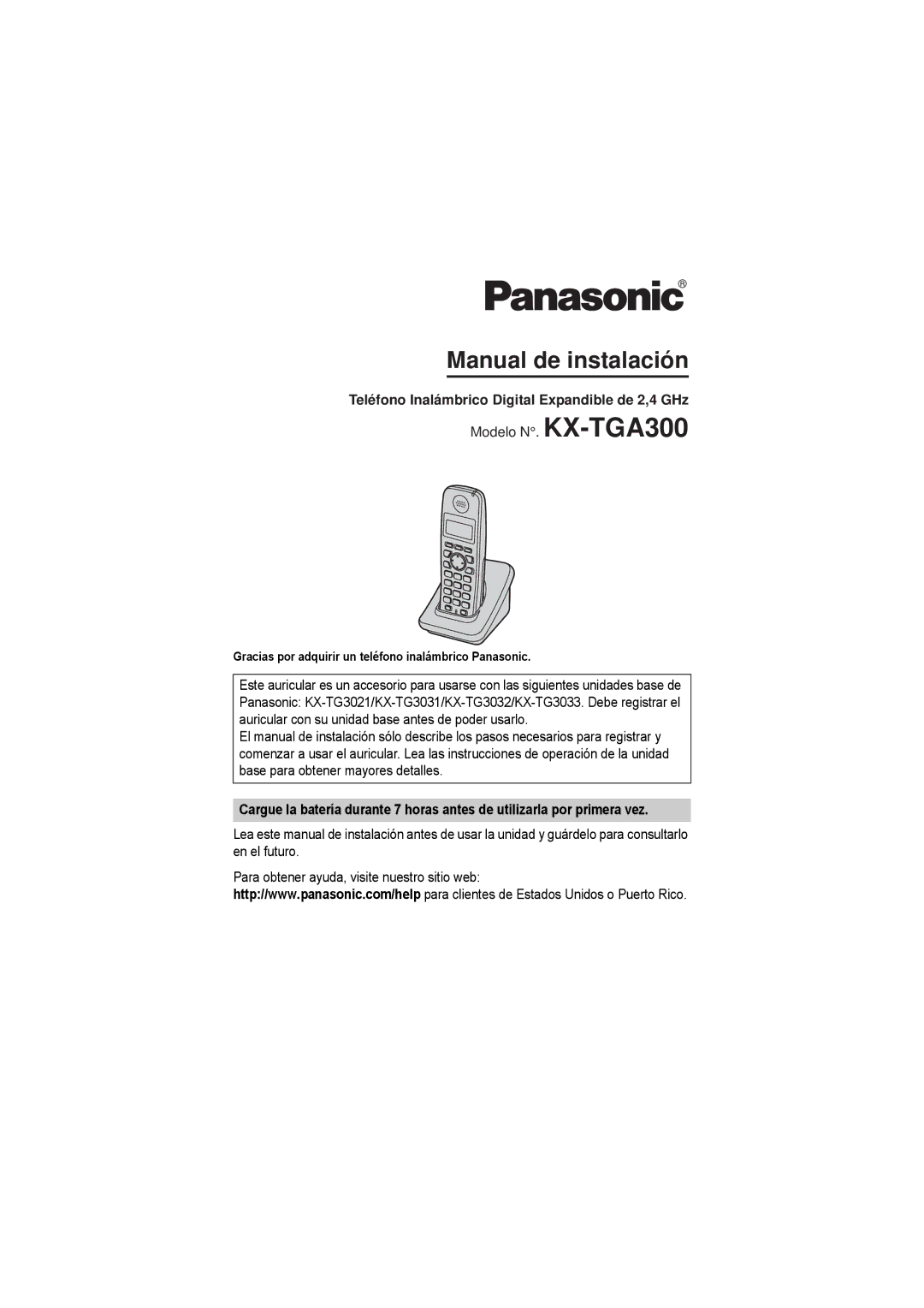 Panasonic KX-TG3032, KX-TG3021, KX-TG3031, KX-TG3033, KX-TGA300 Teléfono Inalámbrico Digital Expandible de 2,4 GHz 