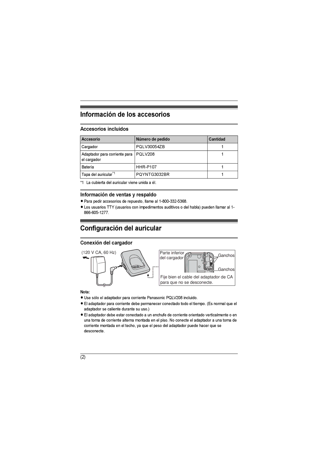 Panasonic KX-TG3033, KX-TG3021, KX-TG3031 Información de los accesorios, Configuración del auricular, Accesorios incluidos 