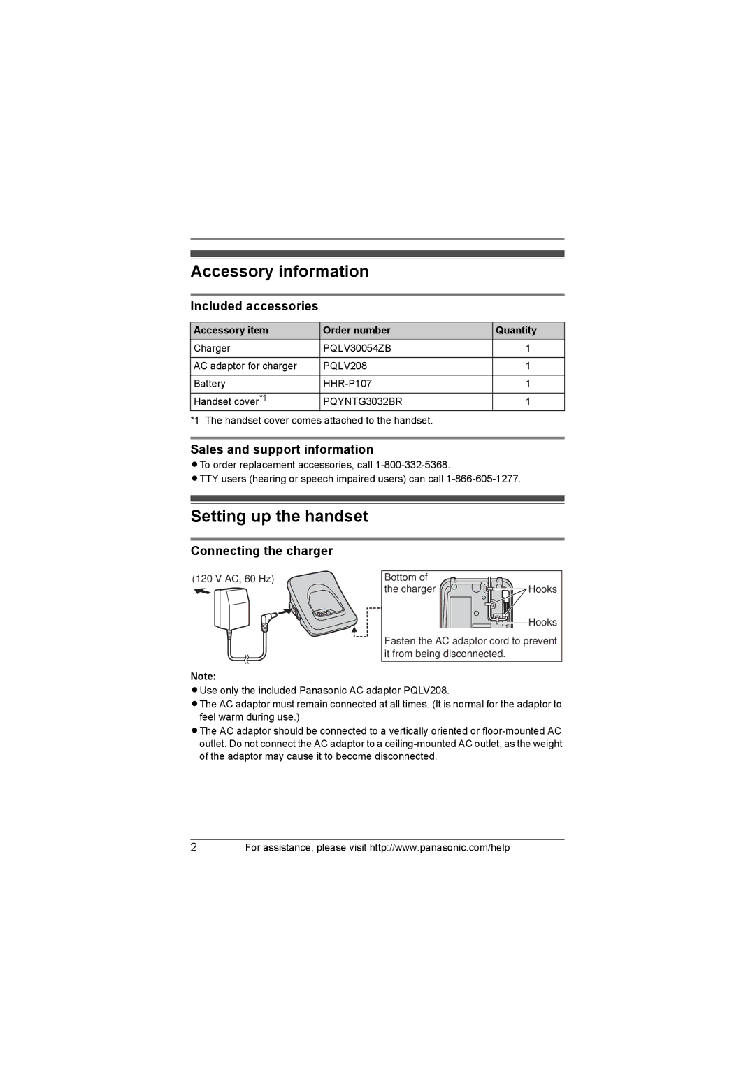 Panasonic KX-TG3032 Accessory information, Setting up the handset, Included accessories, Sales and support information 