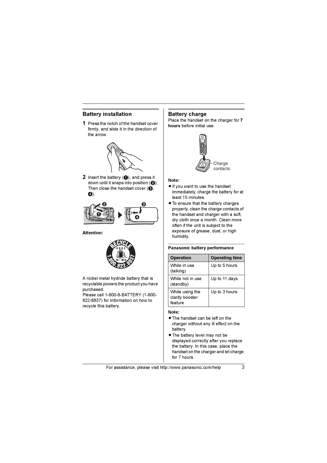 Panasonic KX-TG3033, KX-TG3021, KX-TG3031 Battery installation, Battery charge, Panasonic battery performance Operation 