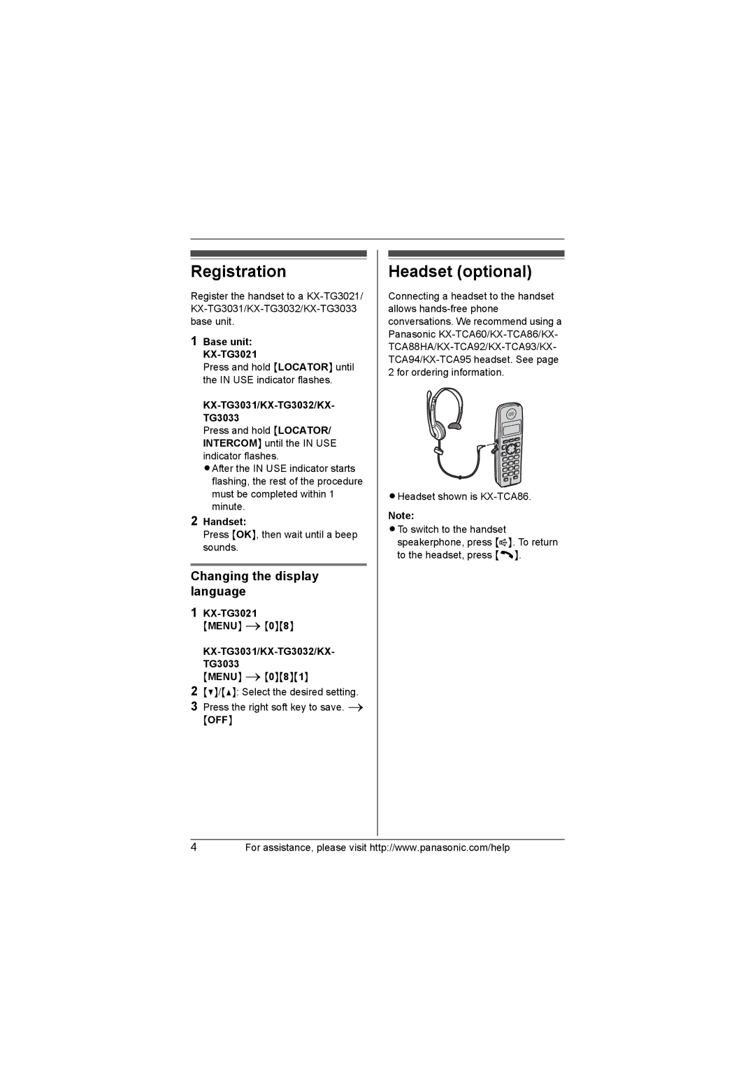 Panasonic KX-TGA300, KX-TG3021, KX-TG3031, KX-TG3032, KX-TG3033 installation manual Headset optional 