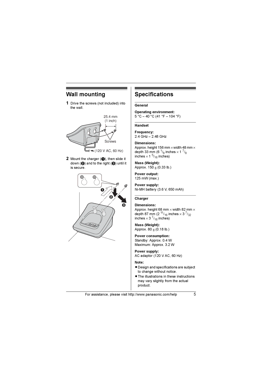 Panasonic KX-TG3021, KX-TG3031, KX-TG3032, KX-TG3033, KX-TGA300 installation manual Wall mounting, Specifications 