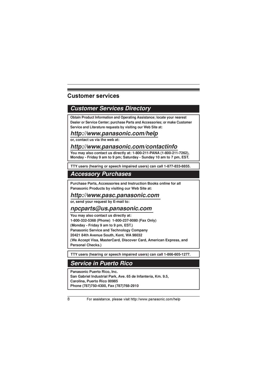 Panasonic KX-TG3033 Customer services, Or, contact us via the web at, TTY users hearing or speech impaired users can call 