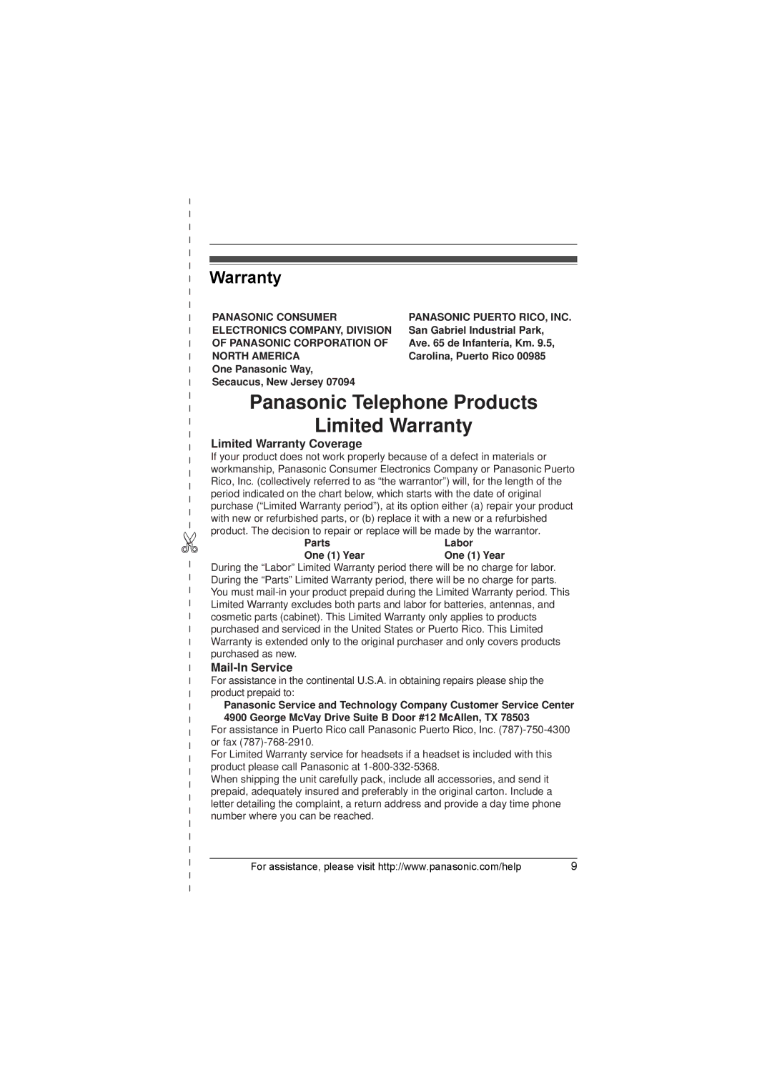 Panasonic KX-TGA300, KX-TG3021, KX-TG3031, KX-TG3032, KX-TG3033 Limited Warranty Coverage, Mail-In Service 