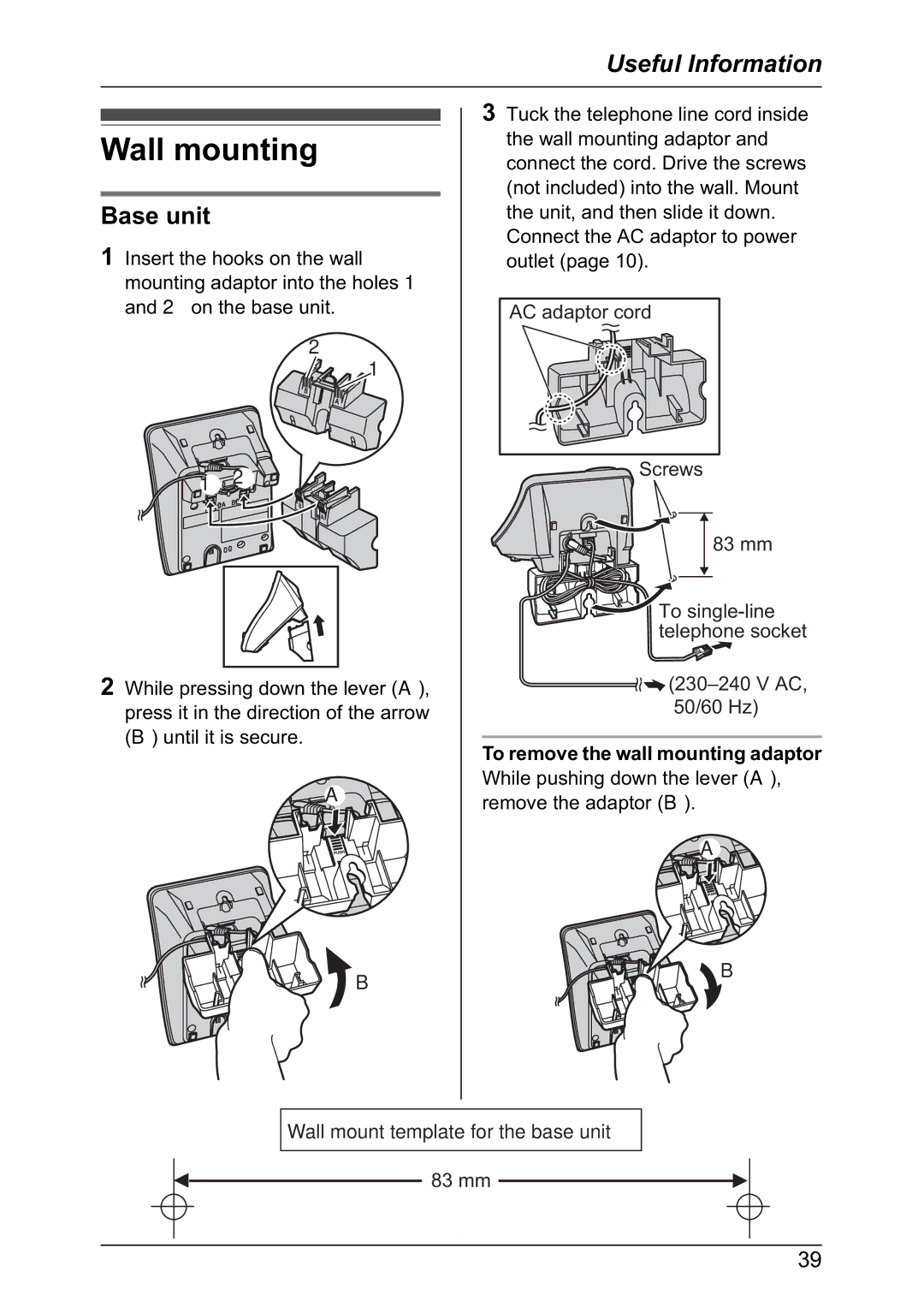 Panasonic KX-TG3032NZ, KX-TG3021NZ, KX-TG3033NZ, KX-TG3022NZ operating instructions Wall mounting, Base unit 